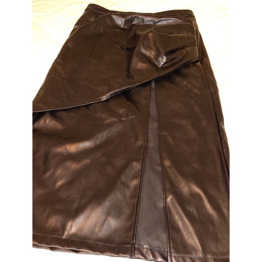 Black Faux Vegan Leather Midi Skirt Large L Front Split Draped Wrap Ruched EUC